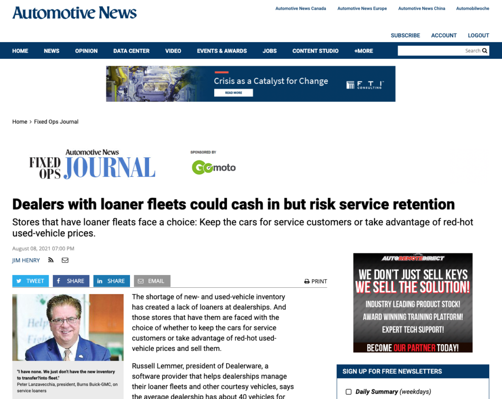 A screenshot of an Automotive News article featuring Dealerware