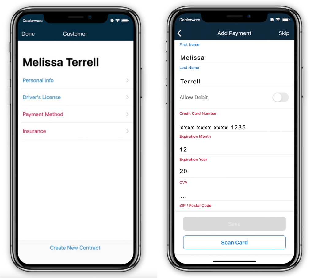 A screenshot of a Customer Profile on Dealerware Mobile, demonstrating that when payment or insurance details need to be updated, those entry fields on the customer profile are highlighted in red.