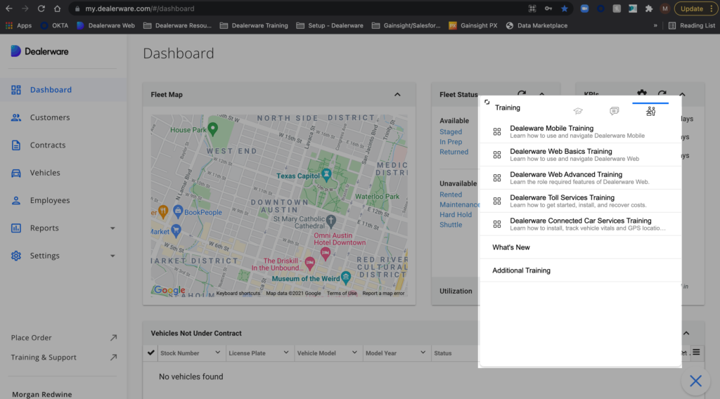 Dashboard view of Dealerware platform with training modal