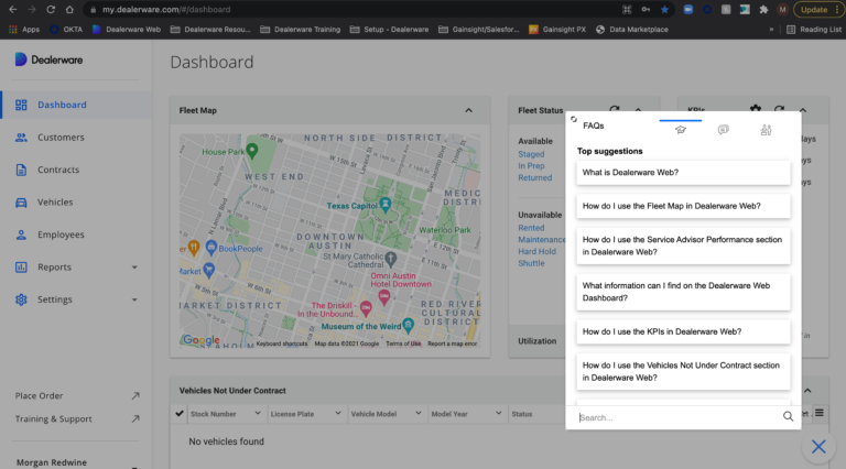 Dashboard view of Dealerware platform with search modal