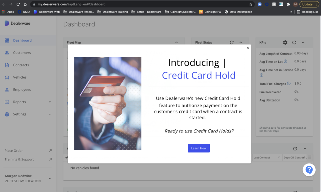 A notification informing Dealerware users of the ability to place credit card holds