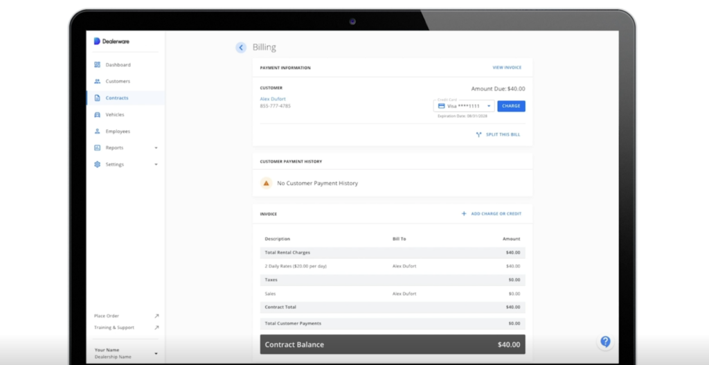A screenshot of Dealerware Web's billing page. The "Charge" button at the top right is used to charge customers for their outstanding balance.