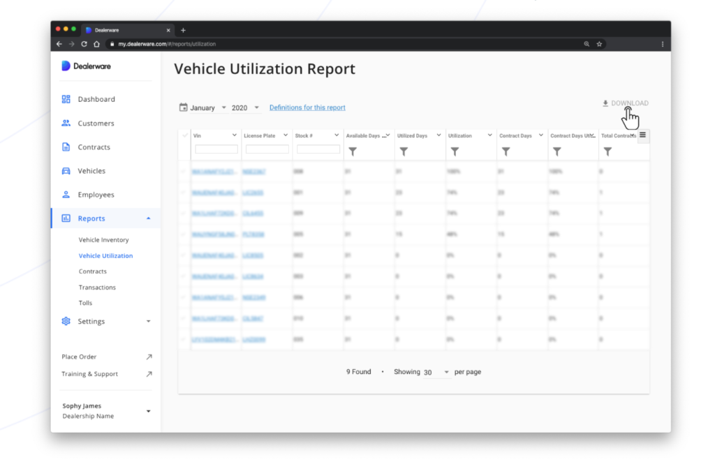 Image of a Vehicle Utilization Report on the Dealerware platform