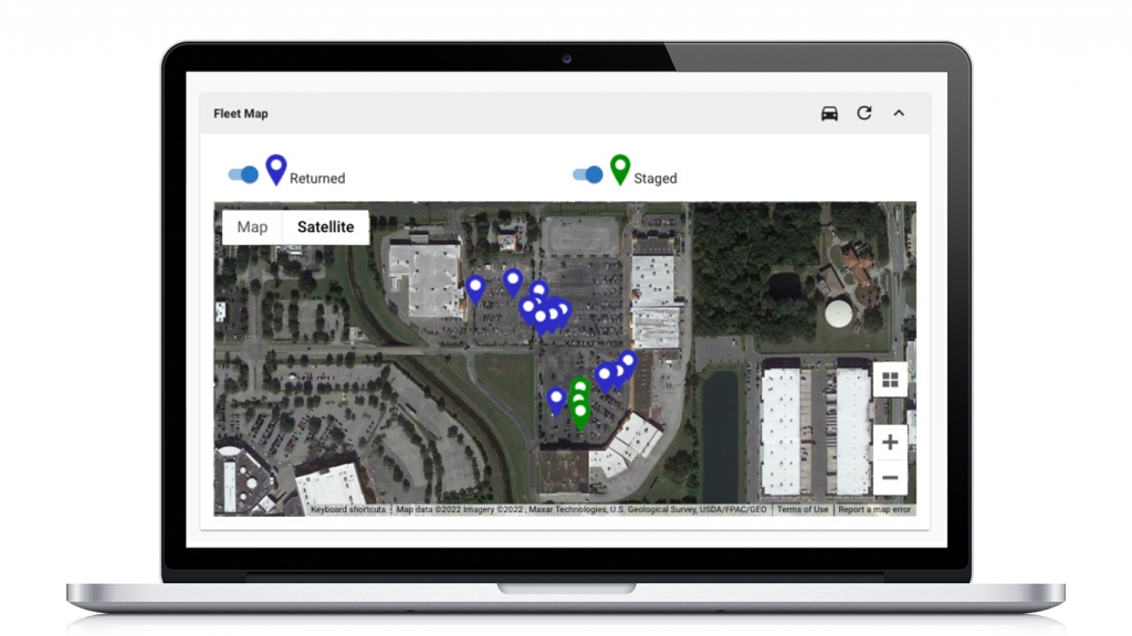 An image of Dealerware's Fleet Map. Dealerware’s Connected Car Services allow you to see your fleet’s exact locations, on or off of your lot.