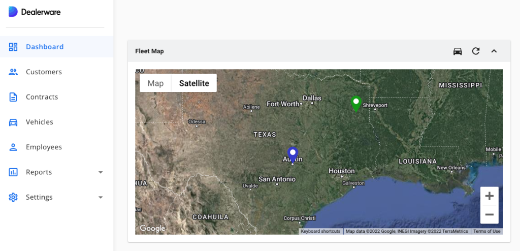 A screenshot of Dealerware's fleet map. The photo shows a map of the southeastern United States with two vehicle locations indicated by position flags.