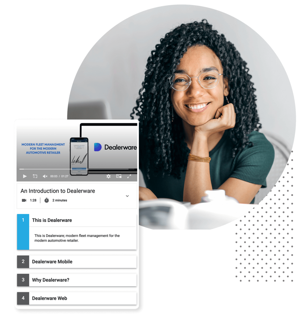An image of a smiling woman at a computer. Superimposed over the image is a screenshot of one of Dealerware's online training modules, which uses video to help answer questions or help dealership employees as they learn the new fleet management software.