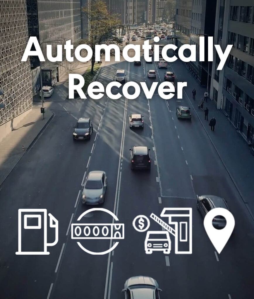 A birds-eye-view photo of cars on a city street. Text superimposed on the photo says "Automatically recover costs." Icons show that the costs you can recover are fuel, mileage, and toll costs.