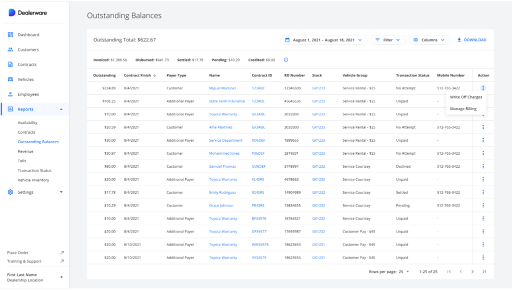 Dealerware New Features - Outstanding Balaces