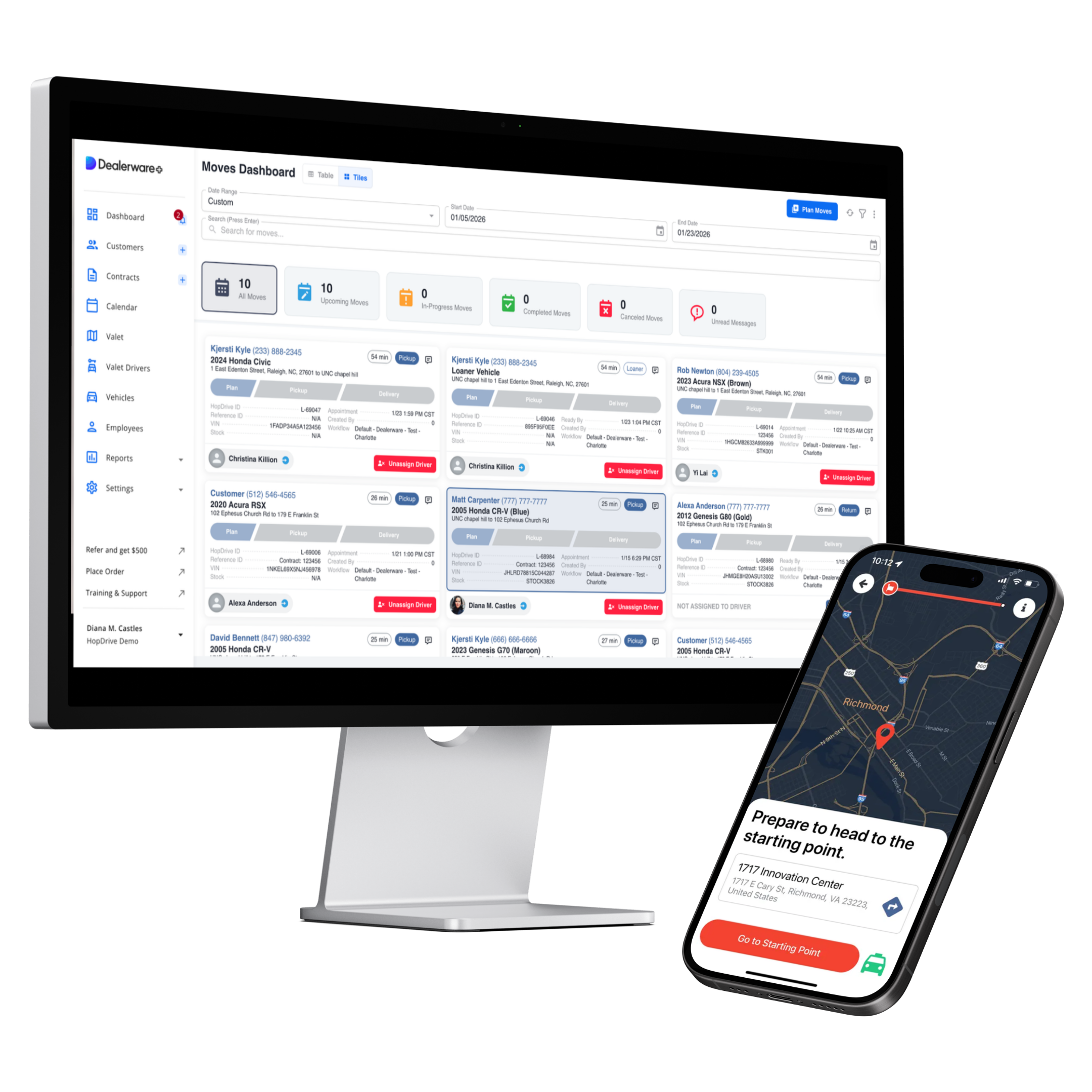 Pickup and Delivery by Dealerware — desktop and mobile dashboard