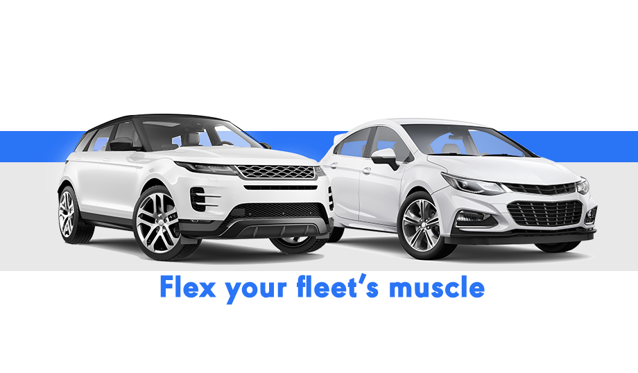An SUV and a hatchback side by side, with the text "Flex your fleet's muscle." The text refers to the ability to add custom fees, daily rates, mileage charges and more to make fleet programs more profitable