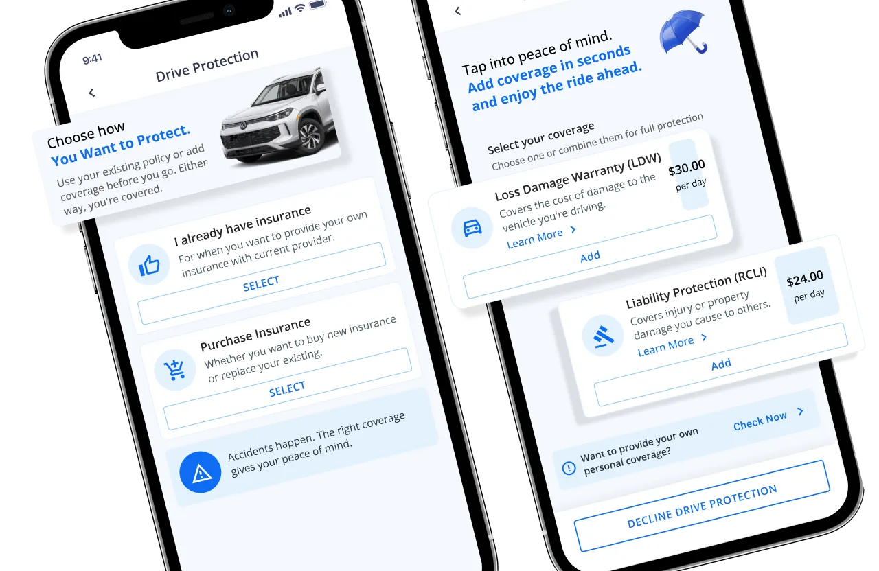 Ride Coverage in the Dealerware app: choose existing insurance or add Loss Damage Warranty and Liability Protection